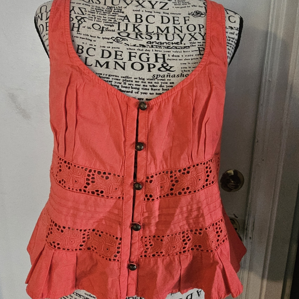 Free People Coral Eyelet Button-Front Peplum Tank